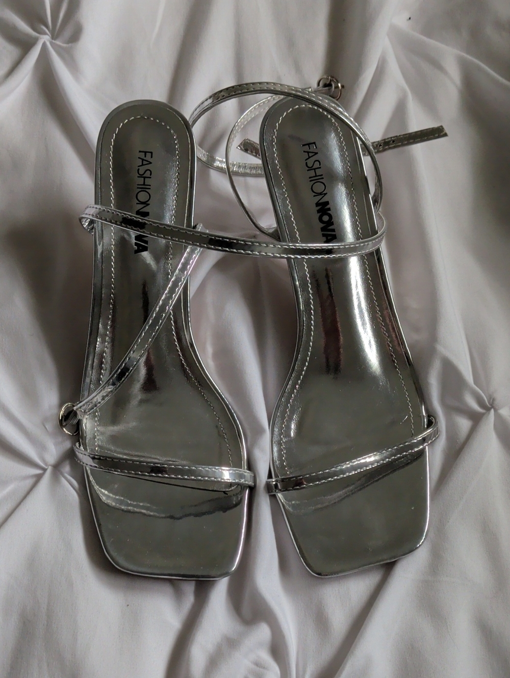 Fashion Nova Metallic Silver Strappy Square-Toe Heels
